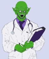 antenna arm book clothes crazed doctor dragon_ball ear glasses green_skin hand king_piccolo necktie open_mouth piccolo_dick soyjak stethoscope stubble subvariant:soyak_(crazed) variant:soyak // 626x754 // 129.7KB