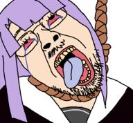 bloodshot_eyes crying funamusea glasses hanging if open_mouth purple_hair rope stubble tranny variant:bernd white_skin // 450x417 // 16.6KB