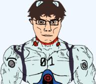 buff chud closed_mouth evangelion glasses hair ikari_shinji muscular_male neon_genesis_evangelion smile soyjak subvariant:muscular_chud text variant:chudjak // 1059x929 // 70.4KB