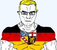 arm blue_eyes buff closed_mouth clothes flag flag:saarland germany glasses hair saarland soyjak subvariant:chudjak_front subvariant:muscular_chud transparent transparent_background tshirt variant:chudjak vein yellow_hair // 1059x929 // 118.2KB