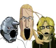 3soyjaks a_(4chan) anime fullmetal_alchemist glasses open_mouth soyjak trend:soyjak_trio variant:gapejak variant:markiplier_soyjak variant:tony_soprano_soyjak white_skin yellow_hair // 968x832 // 343.2KB