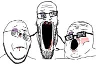 3soyjaks beaten black_eye blood broken_glasses broken_teeth closed_eyes crying glasses missing_teeth open_mouth soyjak stretched_mouth stubble trend:soyjak_trio variant:gapejak variant:markiplier_soyjak variant:tony_soprano_soyjak // 1266x877 // 200.6KB