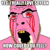 anger_mark angry anti_soytan bad_teeth blood bloodshot_eyes brown_hair coomer glasses imgflip.com meme meta missing_teeth open_mouth pink_skin pornhub rabies soitan soyjak stubble text variant:cobson yellow_teeth // 500x502 // 67.1KB