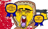 anhero antiswarthy_(namefag) award badge bloodshot_eyes clothes country flag flag:greenland glasses greenland gun niggy_teh-203(namefag) obsession open_mouth ribbon soyjak subvariant:chudjak_front suicide text tongue variant:chudjak yellow_skin // 826x498 // 282.6KB