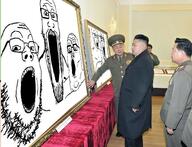 5soyjaks angry arm asian badge bloodshot_eyes brown_skin cap closed_mouth clothes crying ear frame glasses hair hat irl jacket kim_jong_un looking_at_each_other looking_at_you looking_to_the_left looking_to_the_right military_cap necktie open_mouth shoe soyjak soyjak_trio stretched_mouth stubble table teeth uniform variant:gapejak variant:markiplier_soyjak variant:soyak variant:tony_soprano_soyjak white_skin // 3132x2400 // 3.2MB