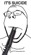 arm closed_eyes closed_mouth firearm glasses gun hand holding_gun holding_object holding_shotgun its_over large_mouth soyjak stubble subvariant:wholesome_soyjak suicide text variant:gapejak weapon // 600x1053 // 82.3KB