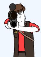 arm bullet closed_mouth clothes full_body glasses gun hand hat red_shirt rifle scope sniper_(tf2) sniper_rifle soyjak stubble team_fortress_2 variant:markiplier_soyjak vest // 657x924 // 19.9KB