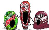 3soyjaks coca_cola coke dr_pepper drink food glasses mountain_dew open_mouth soda soyjak stretched_mouth stubble text trend:soyjak_trio variant:gapejak variant:markiplier_soyjak variant:tony_soprano_soyjak yellow_teeth // 1248x768 // 575.4KB