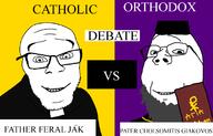 2soyjaks bald beard bible black_shirt book catholic catholicism christianity clothes debate earless glasses greek_text grey_beard grey_hair happy hat orthodox orthodox_church orthodox_priest priest purple purple_background religion robe smile soyjak stubble subvariant:wholesome_soyjak text variant:feraljak variant:gapejak vs white_eyes yellow yellow_background // 2336x1500 // 321.7KB