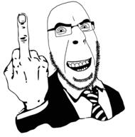 clothes glasses hand laughing looking_at_you middle_finger necktie open_mouth retro_50s_middle_finger_guy soyjak stubble suit suit_and_tie teeth variant:cobson // 1580x1600 // 371.5KB