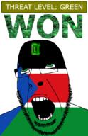 ahegao emerald flag:south_sudan gem glasses green green_eyes hair looking_up open_mouth schlog_color_event south_sudan soyjak soyjak_blog stubble teeth text threat_level_green variant:cobson won // 721x1115 // 150.1KB