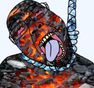 bloodshot_eyes burning coal coal_skin crying dead fire gem glasses hanging open_mouth red_eyes rope soyjak stubble suicide tongue variant:bernd yellow_teeth // 1677x1569 // 4.1MB