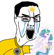 angry bloodshot_eyes chud clothes crying dakimakura facial_mark forehead_mark glasses hair holding_dakimakura holding_object looking_to_the_right my_little_pony open_mouth princess_celestia seething sonnenrad sun tshirt variant:chudjak white_background yellow_shirt // 2037x2049 // 1.3MB