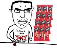 angry arm button chips closed_mouth ear food glasses hair hand millions_must_die popcorners soyjak subvariant:chudjak_front variant:chudjak // 469x394 // 159.3KB