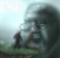 art blue_skin cliff clothes drawfag drawing drawn_background full_body giant glasses open_mouth red_shirt rock soyjak stubble variant:burnsjak vine // 4000x3874 // 7.4MB