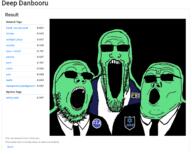 3soyjaks central_intelligence_agency clothes danbooru federal_bureau_of_investigation glasses glowie glowing green jidf open_mouth soyjak soyjak_trio stretched_mouth stubble suit sunglasses text variant:gapejak variant:markiplier_soyjak variant:tony_soprano_soyjak // 1363x1108 // 714.7KB