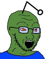 antenna blue_shirt clothes frog glasses green_skin open_mouth orange_eyes pepe soyjak stubble variant:soyak // 708x933 // 59.6KB
