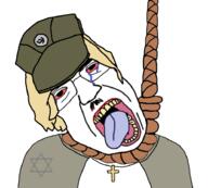 bloodshot_eyes christianity clothes crying female glasses hair hanging judaism marichka nazism necklace oink open_mouth rope russo_ukrainian_war soyjak star_of_david subvariant:patrick suicide swastika ukraine variant:chudjak yellow_hair // 926x836 // 261.6KB