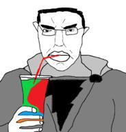 cape clothes cup drinking_straw ear hand holding_object shazam soyjak subvariant:pol_face trend:colorjak variant:chudjak // 674x702 // 65.6KB