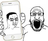 2soyjaks angry arm clothes glasses hair hand holding_object holding_phone iphone open_mouth phone soyjak stubble subvariant:phoneplier subvariant:phoneplier_vertical tshirt variant:chudjak variant:markiplier_soyjak // 1000x872 // 123.1KB