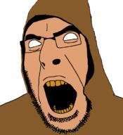 angry clothes cultist glasses open_mouth robe soyjak stubble variant:cobson white_eyes white_skin yellow_teeth // 721x789 // 57.8KB
