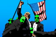 4soyjaks american_flag blood clothes donald_trump ear_removal female fist full_body glasses glowie glowing green_skin mouth_open orange_skin sky stubble suit sunglasses variant:cobson variant:dylanjak variant:kliksjak variant:tony_soprano_soyjak yellow_hair // 2048x1365 // 97.1KB