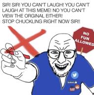 blue_shirt cross crossed_out facebook glasses grin marker meme meta:not_oc no_fun_allowed open_mouth red_marker red_x reddit stop_sign stubble twitter vandalism variant:walmartjak youtube // 750x757 // 397.0KB