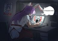 anime clothes computer desk english_text female fujiwara_no_mokou hair hand hands_up hat laptop meta:twitter open_mouth poster rabbit_ears reisen_inaba ribbon sitting speech_bubble stubble tail teeth text touhou variant:markiplier_soyjak video_game yagokoro_eirin // 850x605 // 117.6KB