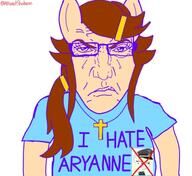 angry arm artist:aryannespetfemboy aryanne_(pony) brown_hair christ-chan christian_cross christianity chud_is_a_fuckin_retard_who_loves_to_vandalize_my_posts closed_mouth clothes cross ear glasses hat i_hate my_little_pony nazism punisher_face redraw soy_parody soyjak subvariant:science_lover text variant:markiplier_soyjak // 653x600 // 149.3KB