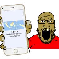 4chan arm brown_skin clothes country flag glasses hand holding_object holding_phone indonesia int_(4chan) iphone map open_mouth phone soyjak stubble subvariant:phoneplier subvariant:phoneplier_vertical text variant:markiplier_soyjak yellow_teeth // 1080x1080 // 292.4KB