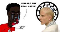 aryan black_skin clothes crying hat identity_politics irl judaism kippah nazism nordic_chad pointing race_autism sonnenrad united_states variant:chudjak yellow_hair // 2015x1080 // 458.4KB