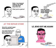 5soyjaks closed_mouth computer disc_player frown glasses jewish_nose judaism pink pink_skin smile stubble text variant:chudjak variant:markiplier_soyjak // 2285x1971 // 729.7KB