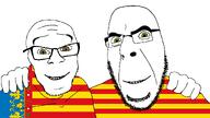2soyjaks brown_eyes catalonia flag flag:catalonia flag:valencian_community friendship glasses green_eyes hand happy looking_at_you no_more_brother_wars smile soyjak spain stubble valencian_community variant:cobson variant:feraljak // 1920x1075 // 95.7KB