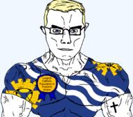 accessory arm aryan award badge blue_eyes buff catholic catholicism christian_cross christian_identity christianity closed_mouth clothes county cross crucifix ear england flag:merseyside glasses hair merseyside posted_it_again_award ribbon soyjak subvariant:chudjak_front subvariant:muscular_chud transparent_background tshirt united_kingdom variant:chudjak vein yellow_hair // 1059x929 // 205.7KB