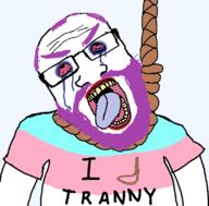 beard bloodshot_eyes clothes crying dead glasses hanging i_love makeup open_mouth purple_hair rope soyjak subvariant:science_lover suicide tranny tshirt variant:markiplier_soyjak // 800x789 // 122.4KB