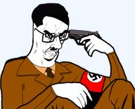 adolf_hitler angry closed_mouth glasses gun hair hitler_mustache mustache nazism sitting subvariant:chudjak_seething suicide uniform variant:chudjak // 3000x2444 // 1.1MB