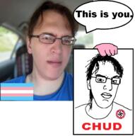 antiwork chud closed_mouth doreen_ford ear flag glasses hair irl nazism pol_(4chan) soyjak speech_bubble swastika text tranny variant:chudjak // 700x702 // 313.2KB