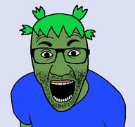 4chan anime clothes frog glasses green green_hair green_skin hair pepe soyjak stubble tshirt variant:el_perro_rabioso yotsoyba // 427x400 // 12.5KB