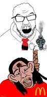 2soyjaks amerimutt angry anti_mutt blood brown_skin clothes crying dilbert ear firearm glasses gore gun hair hanging holding_gun holding_object holding_pistol imgflip.com mcdonalds necktie no_eyes open_mouth pistol revolver rope smoke soyjak stubble tongue total_mutt_death variant:feraljak variant:rizzjak weapon white_eyes wound // 500x1033 // 89.9KB
