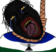 aliased big_lips big_nose brown_eyes crying flag:lesotho glasses hair hanged hanging mokorotlo nigger red_lips rope rotten_teeth shitskin stubble tongue vantablack_skin variant:bernd yellow_sclera yellow_teeth // 768x719 // 44.1KB