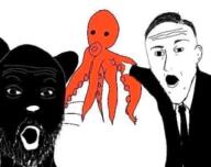 2soyjaks animal arm cat clothes cthulhu ear h_p_lovecraft hair hand mustache necktie niggerman octopus open_mouth pointing soyjak stubble suit thumbnail_(file) variant:two_pointing_soyjaks whisker // 506x400 // 169.8KB
