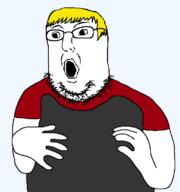 arm clothes glasses hair hand nate open_mouth soot_colors soyjak soyjak_party stubble tshirt variant:norwegian yellow_hair // 723x770 // 39.2KB