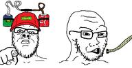 2soyjaks baseball_cap bell's_palsy can clenched_teeth closed_mouth clothes coronavirus_pandemic drinking_helmet glasses hat hose mustache pointing pointing_at_viewer soyjak sproke stroke stubble variant:a24_slowburn_soyjak variant:soyak // 1230x640 // 90.9KB