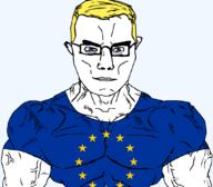 blue_eyes blue_shirt buff countrywar european european_flag european_union star subvariant:muscular_chud unbothered variant:chudjak vein veiny yellow_hair // 1059x929 // 45.4KB