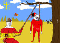 2soyjaks arm army artillery bloodshot_eyes buff catholic catholicism christian_cross christianity closed_mouth clothes communism cross crying drawn_background eagle ear flag:francoist_spain flag:poum francoism francoist_spain full_body glasses grass hammer_and_sickle hand hanging holding_object holding_rope iberian_penisula irl leg lynching military military_cap noose open_mouth outdoors poum rope rosary smile smug soyjak spain spanish_civil_war stubble subvariant:wholesome_soyjak sun tongue tree variant:bernd variant:chudjak variant:gapejak yellow yellow_teeth // 2100x1500 // 542.3KB
