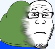 assimilated bald blue_background blue_shirt clothes frog glasses green_skin hair merge neutral pepe soyjak stubble subvariant:neutralplier variant:markiplier_soyjak white_skin // 720x651 // 114.4KB