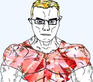 arm blue_eyes buff closed_mouth clothes gem gem_skin glasses hair red_shirt ruby schlog_color_event smile soyjak soyjak_blog subvariant:chudjak_front subvariant:muscular_chud threat_level_red topaz transparent_background tshirt variant:chudjak vein yellow_hair // 1059x929 // 532.3KB