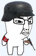 baby closed_mouth combat_helmet distorted firearm full_body glasses gun hair helmet holding_gun holding_object holding_pistol nazism pistol soyjak stahlhelm subvariant:little_chuddy swastika variant:chudjak weapon // 680x1033 // 339.0KB