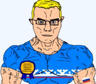 arctic arm autonomous_okrug award blue_eyes buff christianity closed_mouth clothes eastern_orthodox flag flag:russia flag:yamato_nenets glasses hair orthodox_cross russia soyjak subvariant:chudjak_front subvariant:muscular_chud text transparent transparent_background tshirt variant:chudjak vein yamalo-nenets yellow_hair // 1059x929 // 73.4KB
