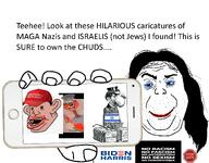 amerimutt biden_harris black_skin blackface brown_skin caricature cartoon holding_object israel jewish_nose judaism lips long_hair make_america_great_again nazism phone smile stop_hate stubble text toothbrush_moustache tranny variant:alicia // 2218x1737 // 1.1MB